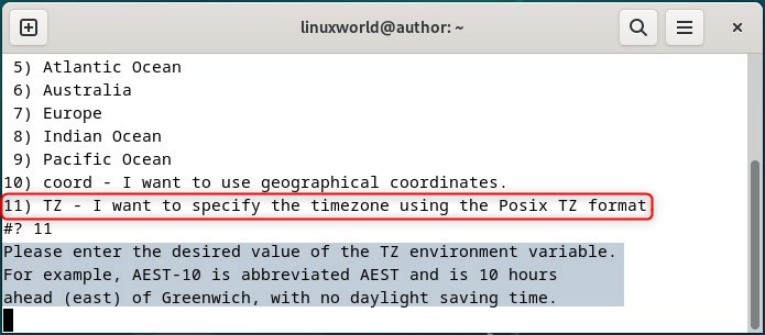 Selecting the Time zone using the tzselect utility by selecting the TZ format