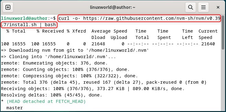 installing the node version manager on Debian using the GitHub bash file for NVM