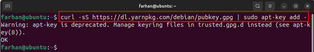 curl -sS https://dl.yarnpkg.com/debian/pubkey.gpg | sudo apt-key add -