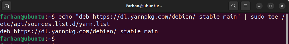 echo "deb https://dl.yarnpkg.com/debian/ stable main" | sudo tee /etc/apt/sources.list.d/yarn.list