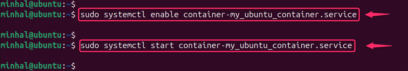 sudo systemctl start container-my_ubuntu_container.service