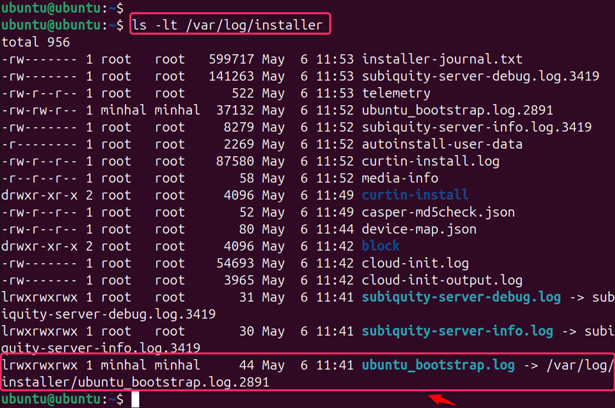 ls -lt /var/log/installer