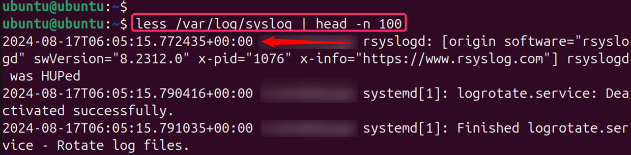 less /var/log/syslog | head -n 100