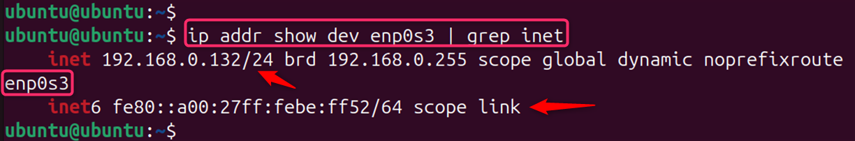 ip addr show dev enp0s3 | grep inet