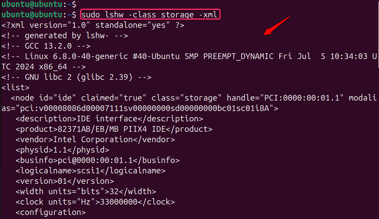 sudo lshw -class storage -xml