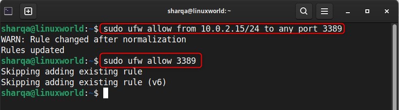 adding a firewall rule to allow inbound and outbound on port 3389