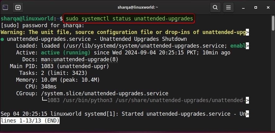 checking unattended upgrades service on ubuntu 24.04