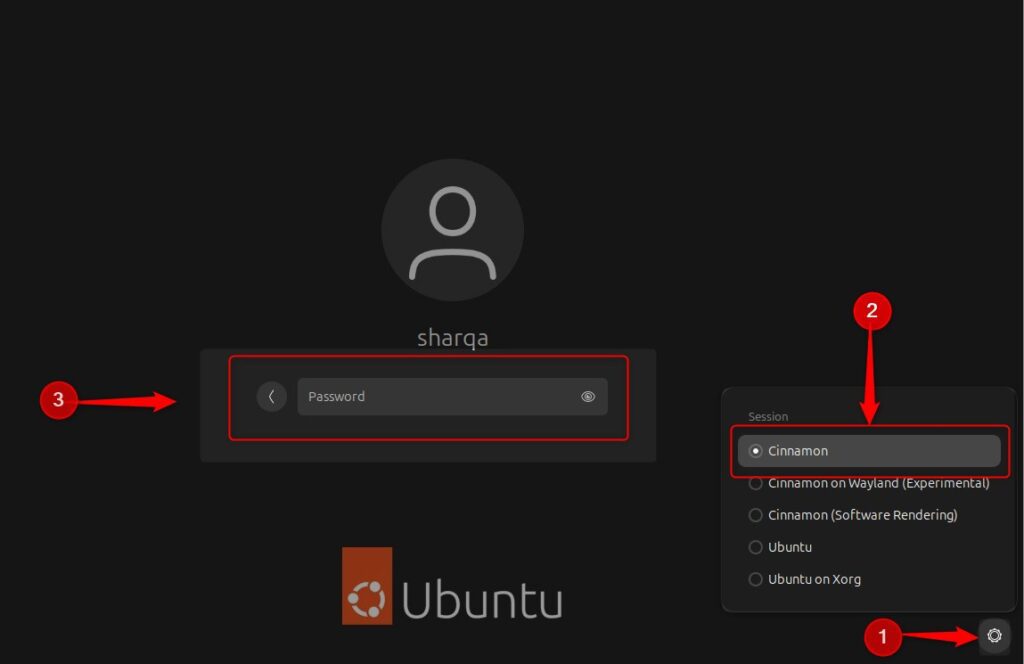 Choosing Cinnamon from the login page setting of ubuntu 24.04