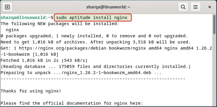 installing nginx using aptitude on debian 12