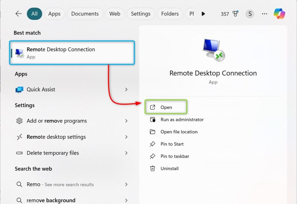 Opening Remote Desksyop connection on window