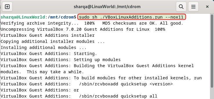 Running the VBoxLinuxAdditions script