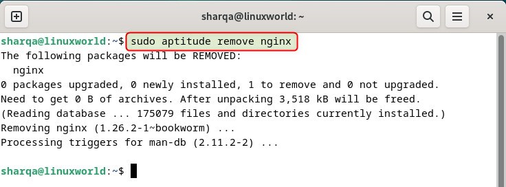 Uninstalling Nginx using aptitude on Debian 12